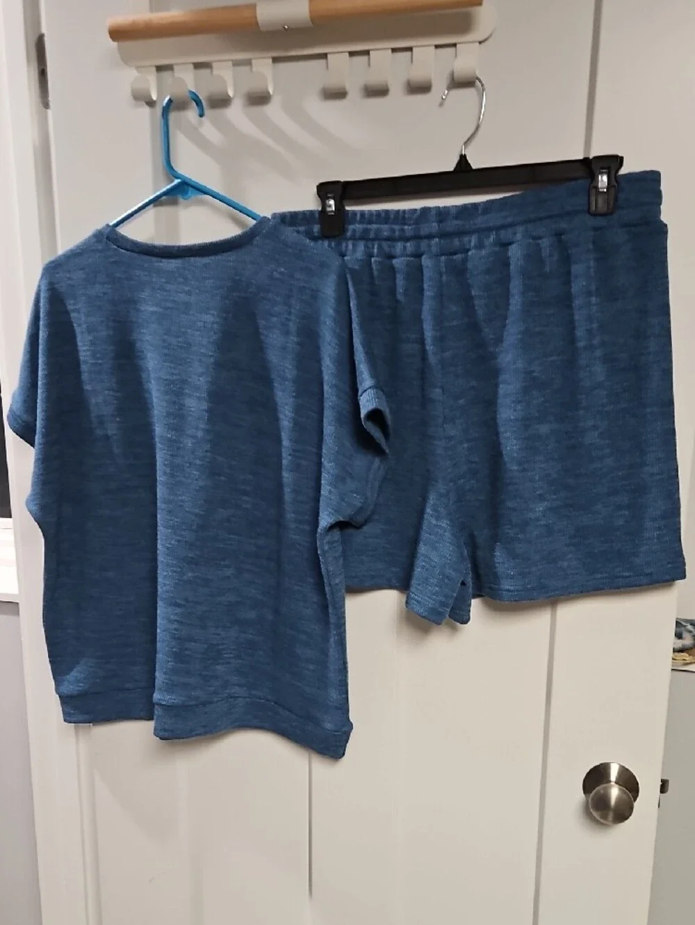 Relaxed Blue Women's Knit Pajama Set - Short Sleeve Top & Drawstring Shorts